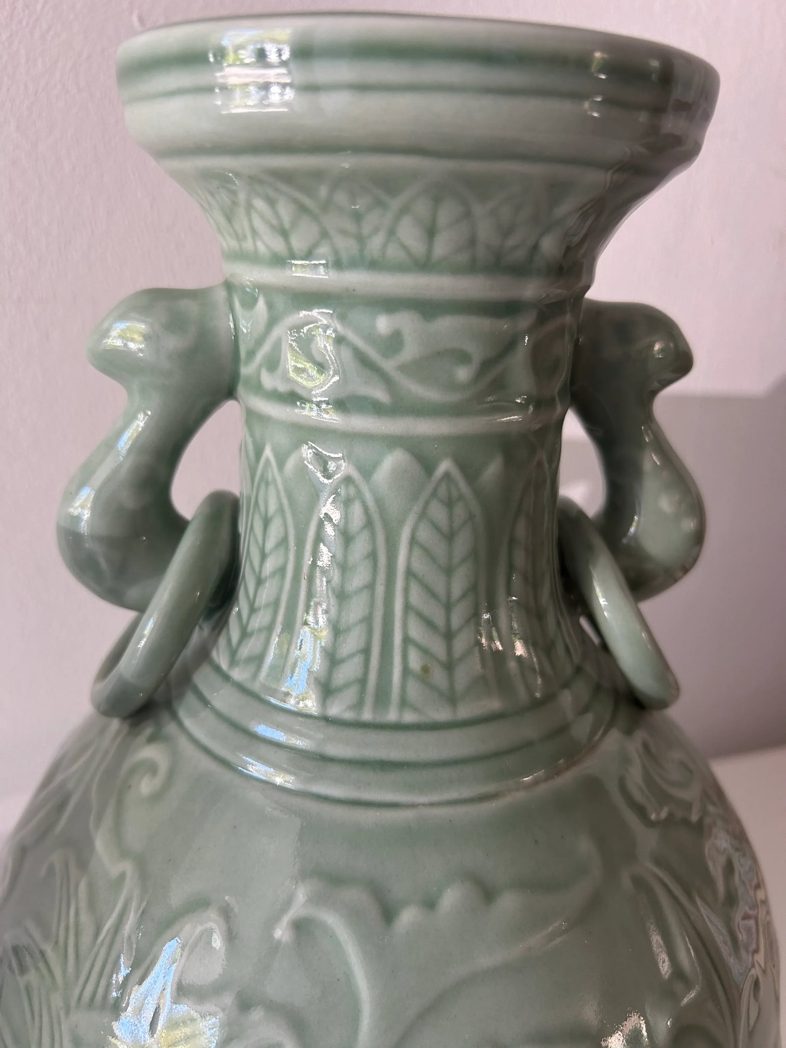 Pair of Chinese Porcelain Celadon Vases With Fixed Ring Handles - 7