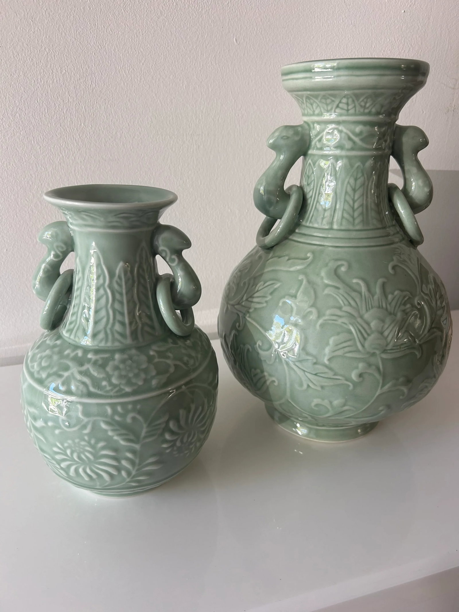 Pair of Chinese Porcelain Celadon Vases With Fixed Ring Handles - 9