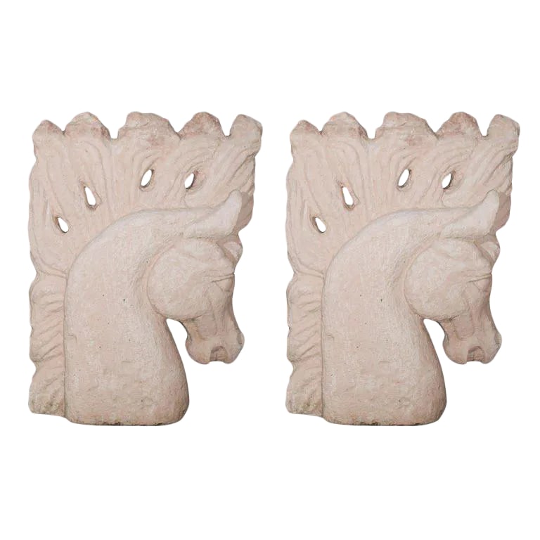 1930s Vintage Cement Horse Heads Sculptures- a Pair: Large pair of stylized plaster horse heads. Perfect for a library room. Condition: Alterations: Unknown Imperfections: Some Imperfections Condition Notes: Excellent. Origin: United States Materials