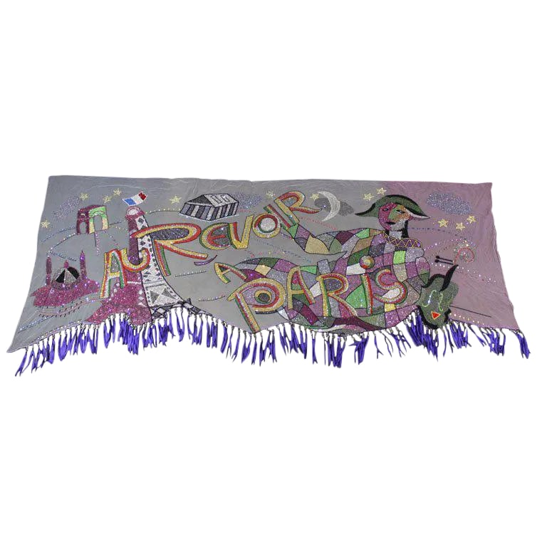 Late 20th Century Vintage Versace Beaded Hanging Textile Art: "Au revoir Paris" Runway piece from Versace. Hand beaded and sequined on netting depicting a harlequin with the Eiffel Tower, Arc de Triomphe, Madeleine, and Sacre Coeur. Condition: Alterations: Origi