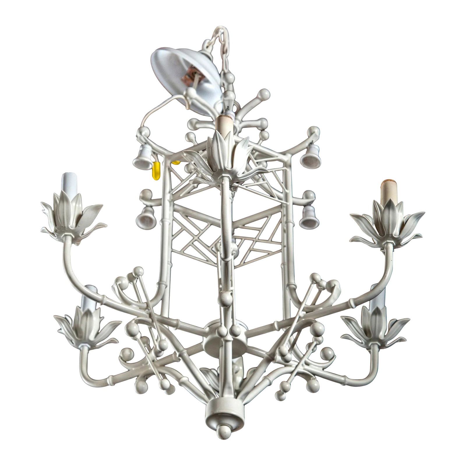White Painted Wrought Iron Chinoiserie Chandelier With Bells: White Painted Wrought Iron Chinoiserie Chandelier with Bells Condition: Alterations: Original Condition Unaltered Imperfections: Some Imperfections Condition Notes: Minor wear Origin: Italy Materials