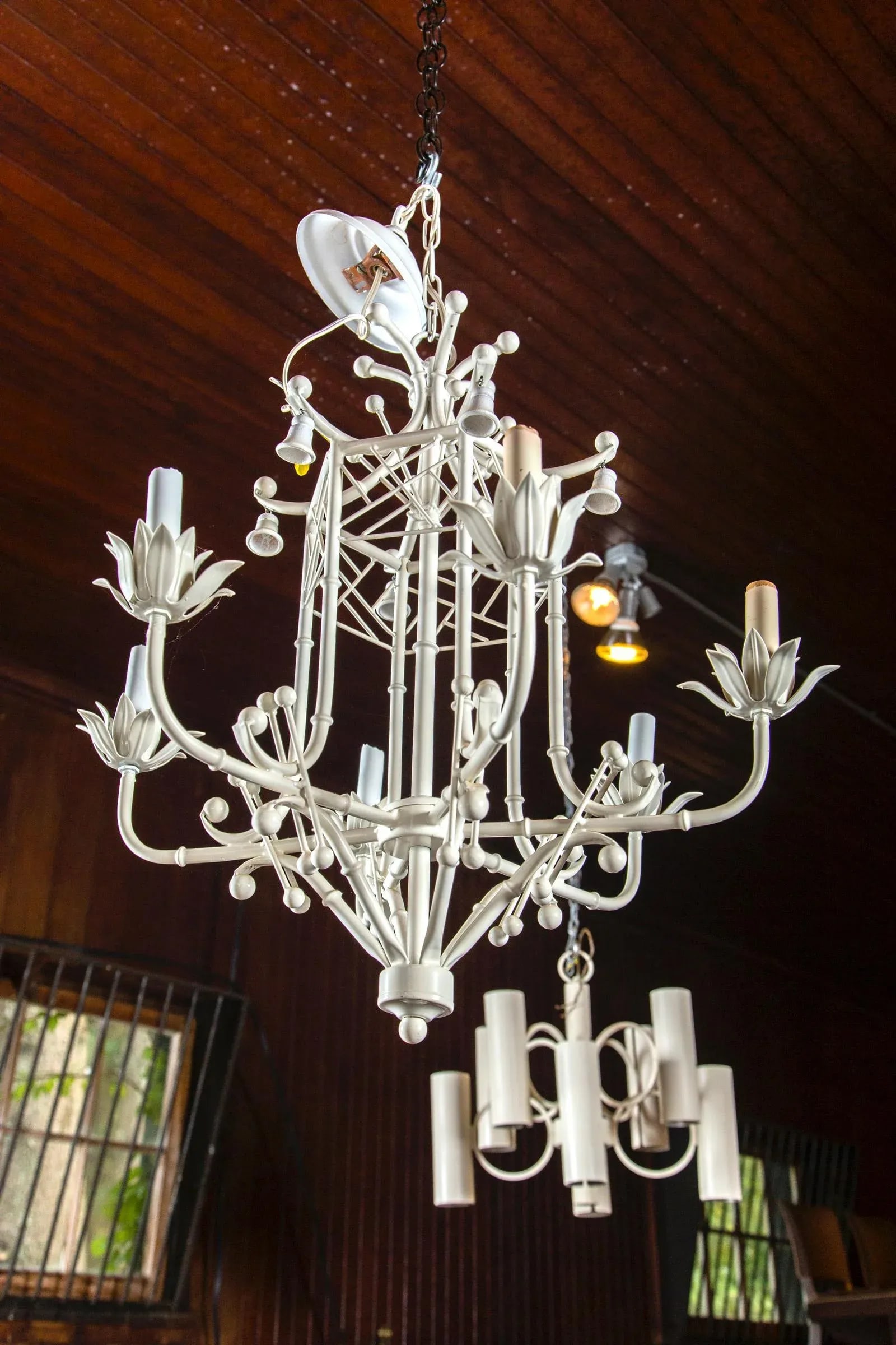 White Painted Wrought Iron Chinoiserie Chandelier With Bells - 5
