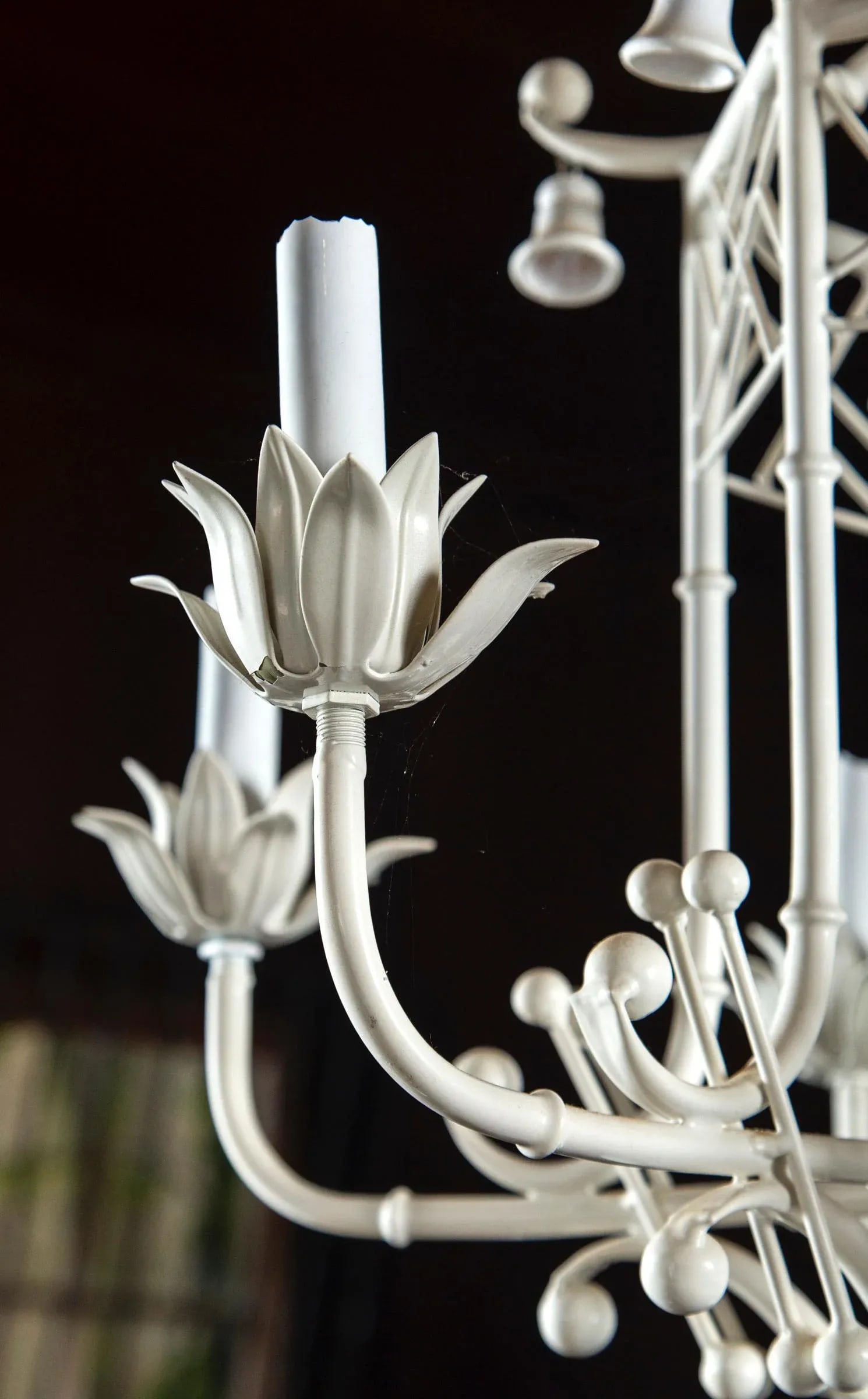 White Painted Wrought Iron Chinoiserie Chandelier With Bells - 7