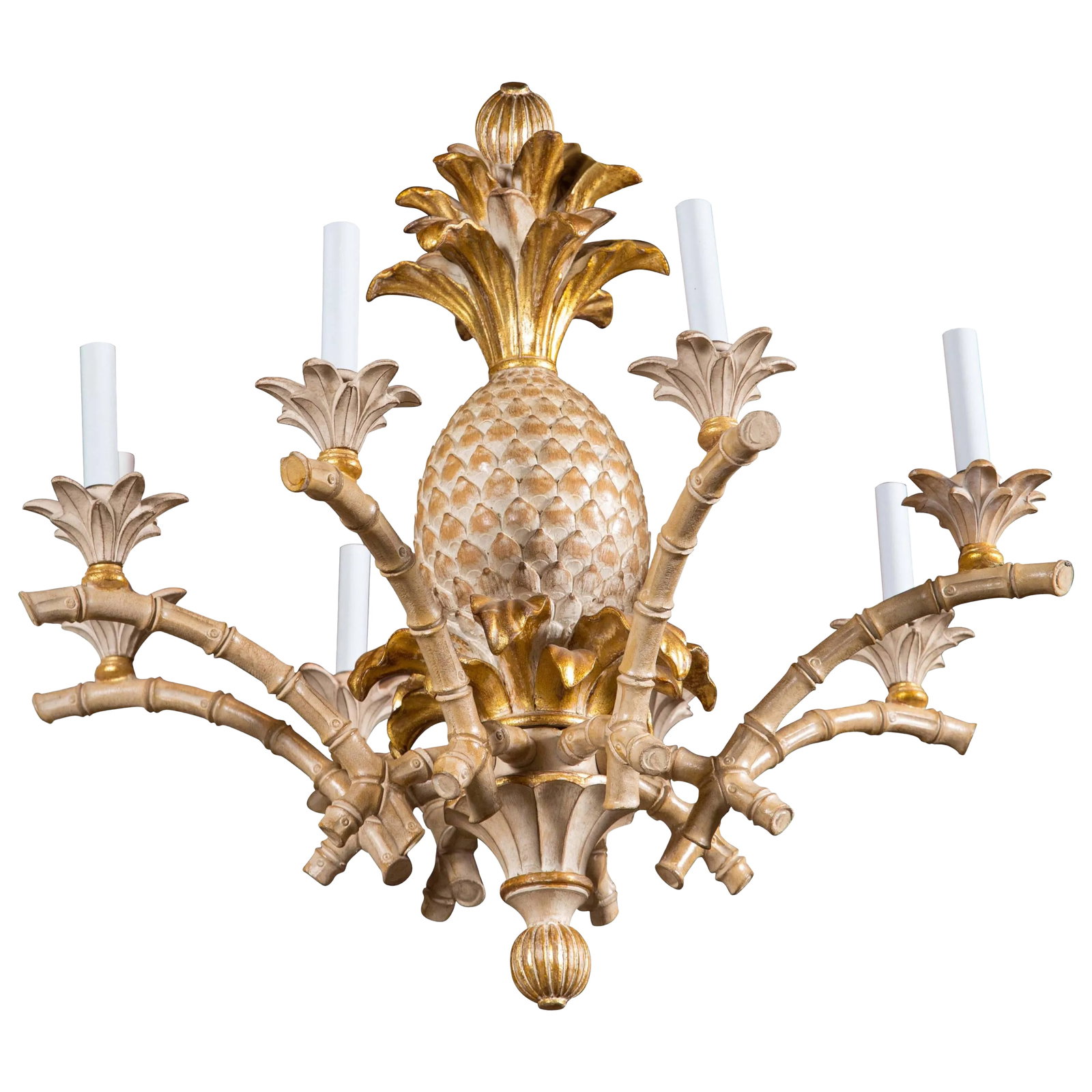 Italian Carved Wood Pineapple Chandelier: Italian carved solid wood pineapple, faux bamboo chandelier. Never used stock from the 1970s. Eight lights. Beautifully made light wood and gilt finish. Condition: Alterations: Original Condition