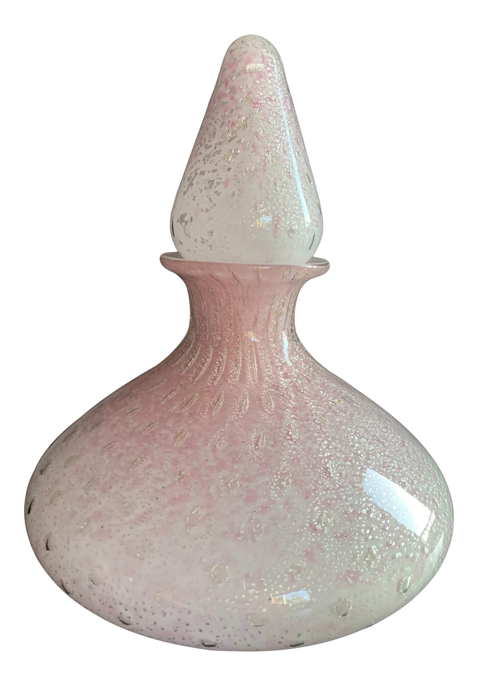 Mid-Century Modern Alfredo Barbini Pink and Silver Fleck Art Glass Decanter: Offered is a beautiful Murano cased glass decanter bottle. The exterior of this bottle is decorated in pale pink glass with silver fleck and a bullicante bubble pattern. The interior if the bottle is