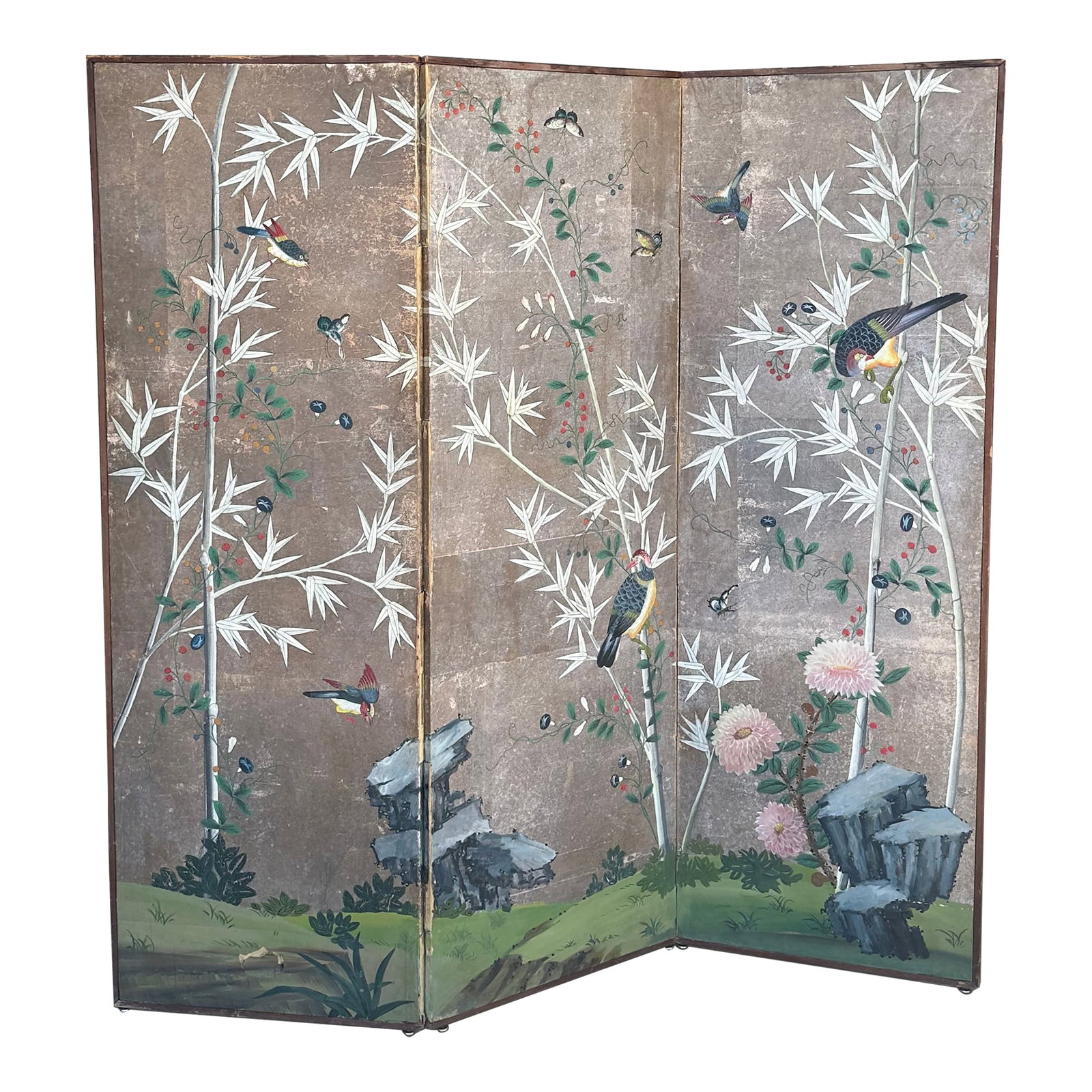 Antique Hand-Painted Japanese Three-Panel Screen With Birds and Bamboo Motif (1 of 12)