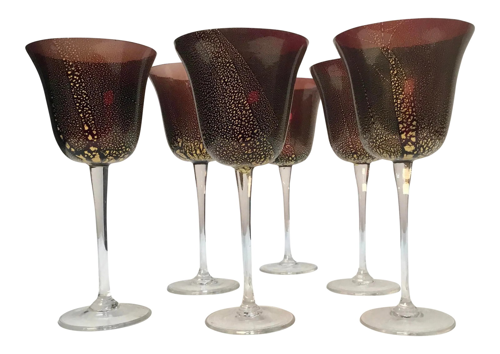 Cranberry With Gold Venetian Murano Vine Goblets Glasses - Set of 6 (1 of 8)