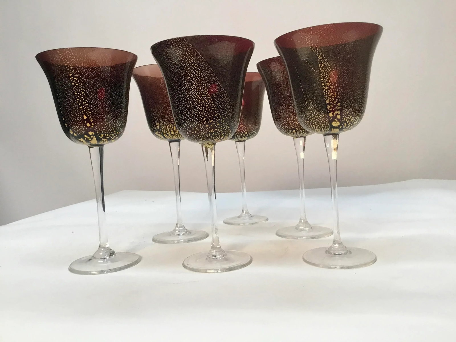 Cranberry With Gold Venetian Murano Vine Goblets Glasses - Set of 6 - 2