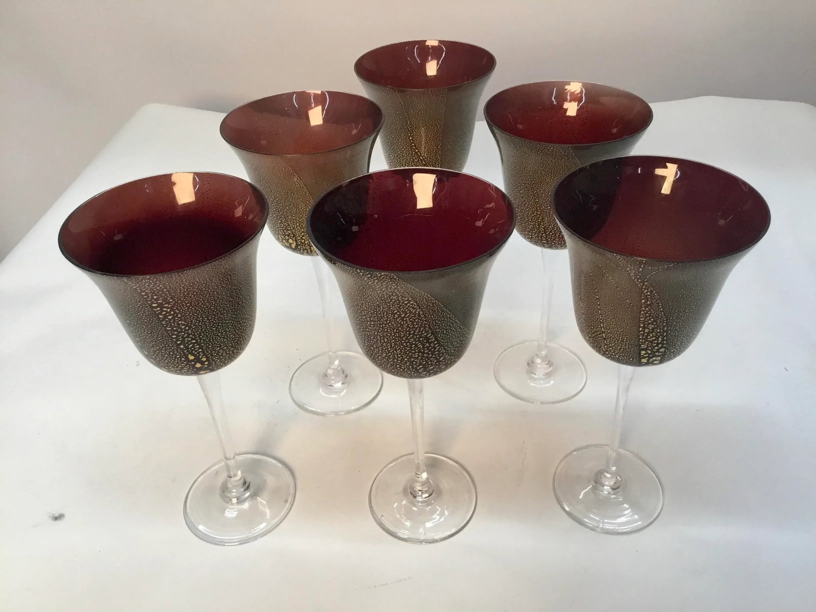Cranberry With Gold Venetian Murano Vine Goblets Glasses - Set of 6 - 3