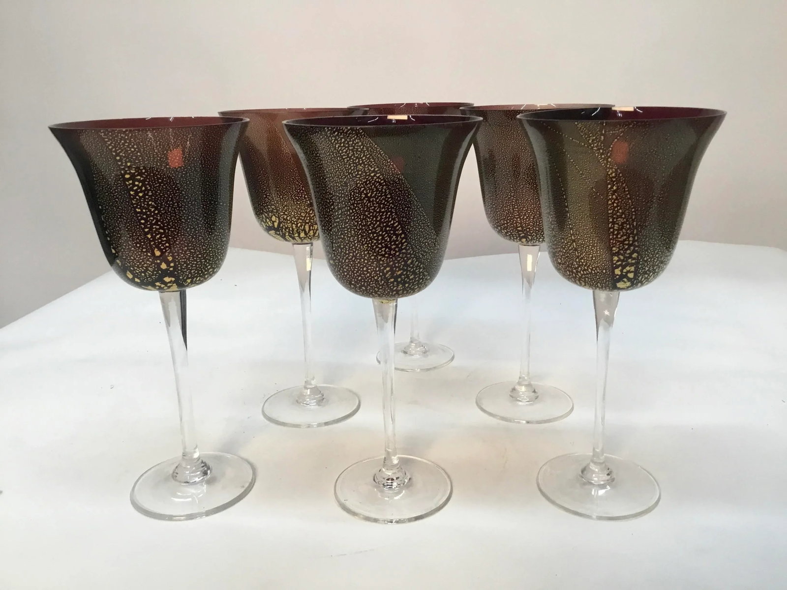 Cranberry With Gold Venetian Murano Vine Goblets Glasses - Set of 6 - 4