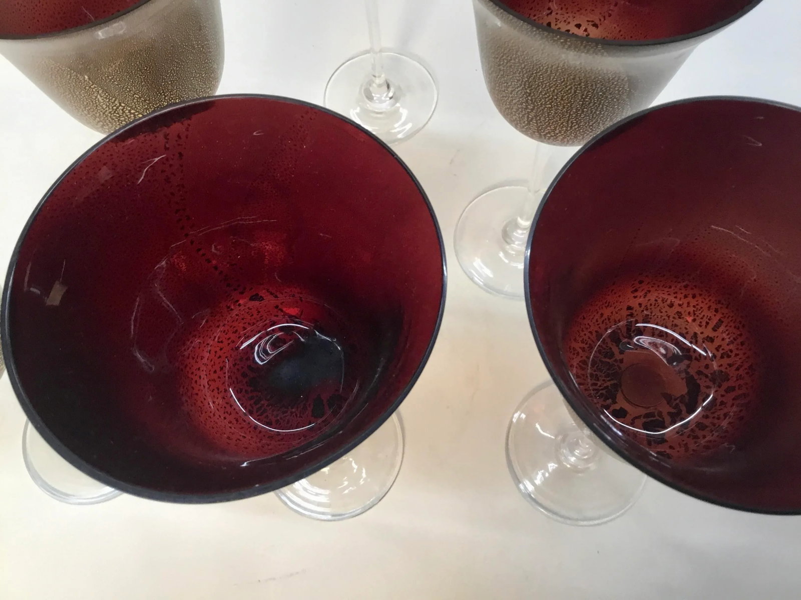 Cranberry With Gold Venetian Murano Vine Goblets Glasses - Set of 6 - 5