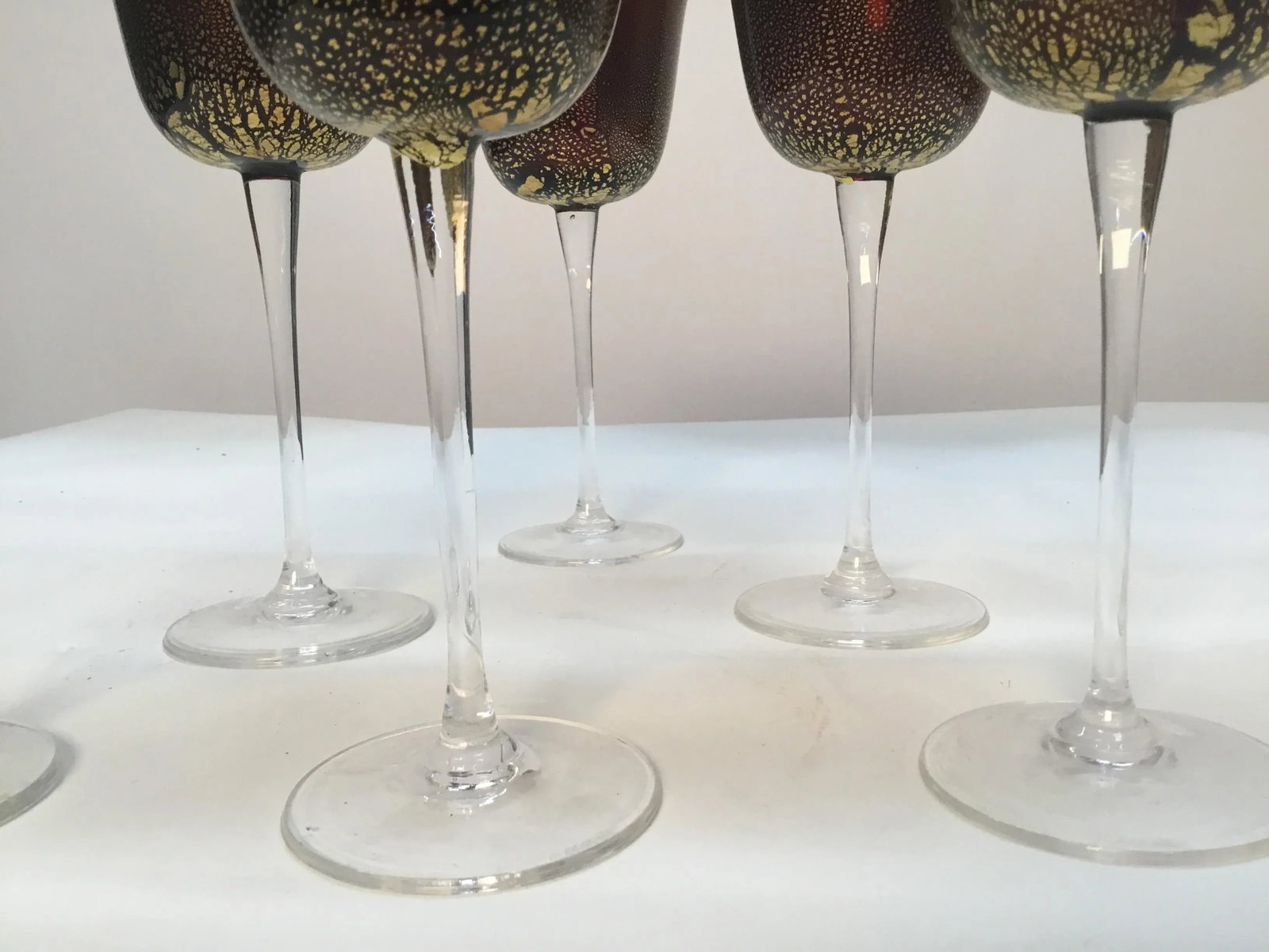 Cranberry With Gold Venetian Murano Vine Goblets Glasses - Set of 6 - 6