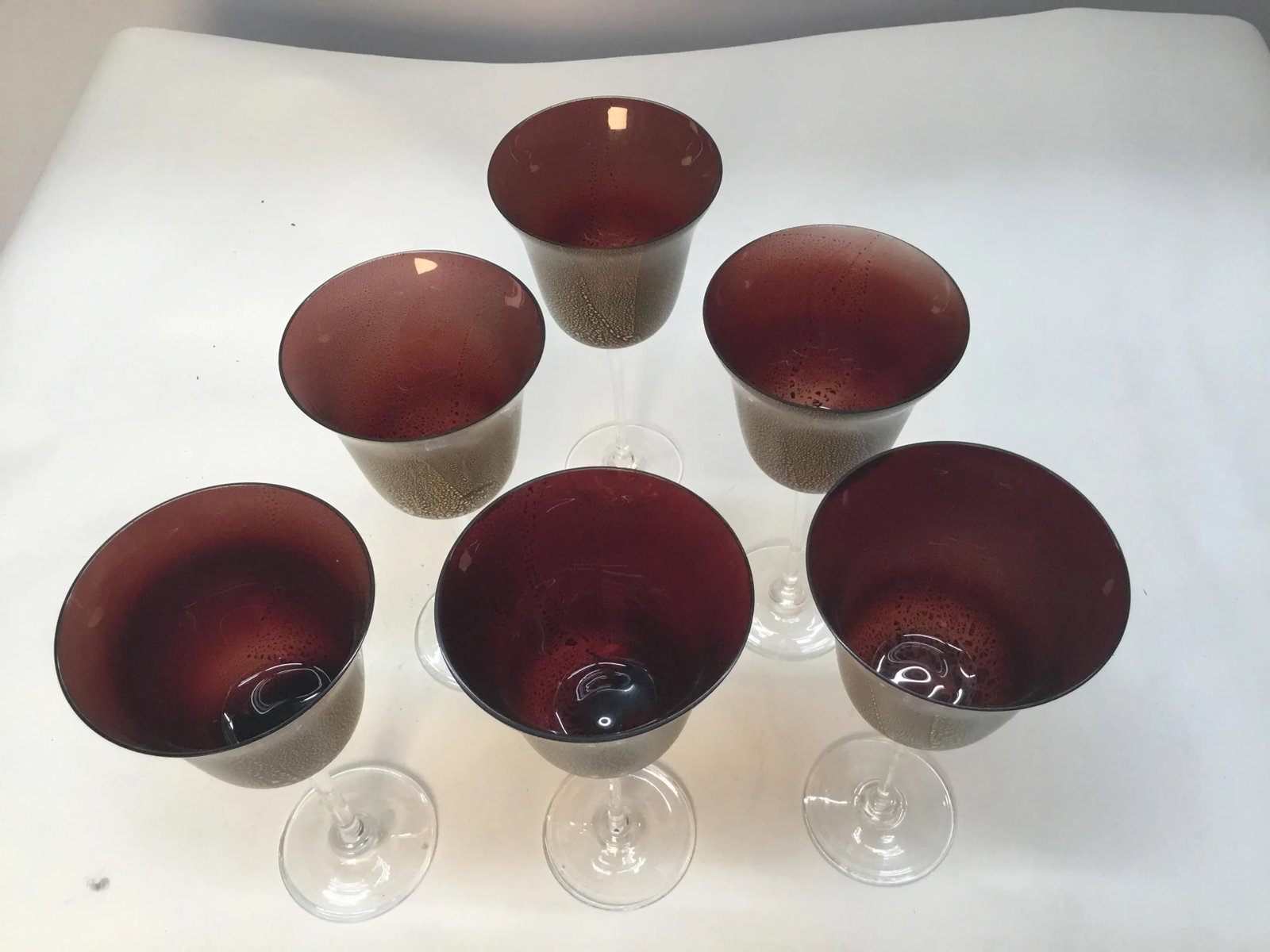 Cranberry With Gold Venetian Murano Vine Goblets Glasses - Set of 6 - 7