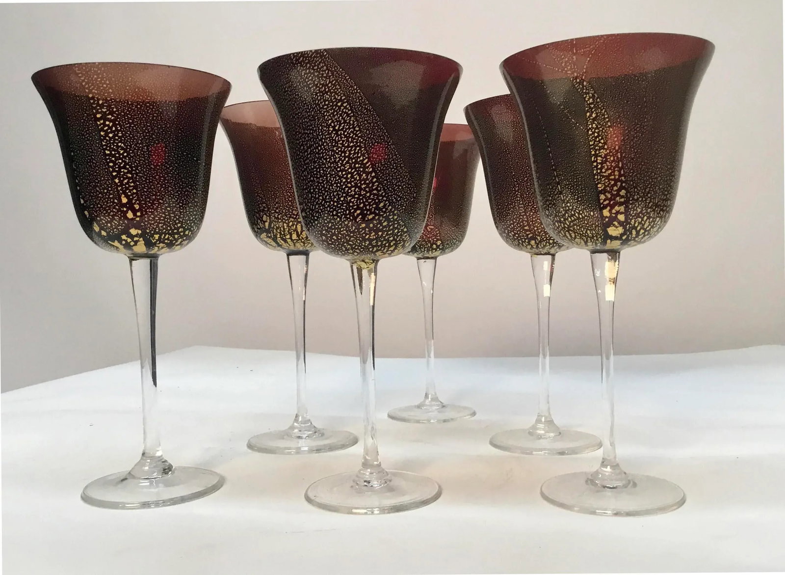 Cranberry With Gold Venetian Murano Vine Goblets Glasses - Set of 6 - 8