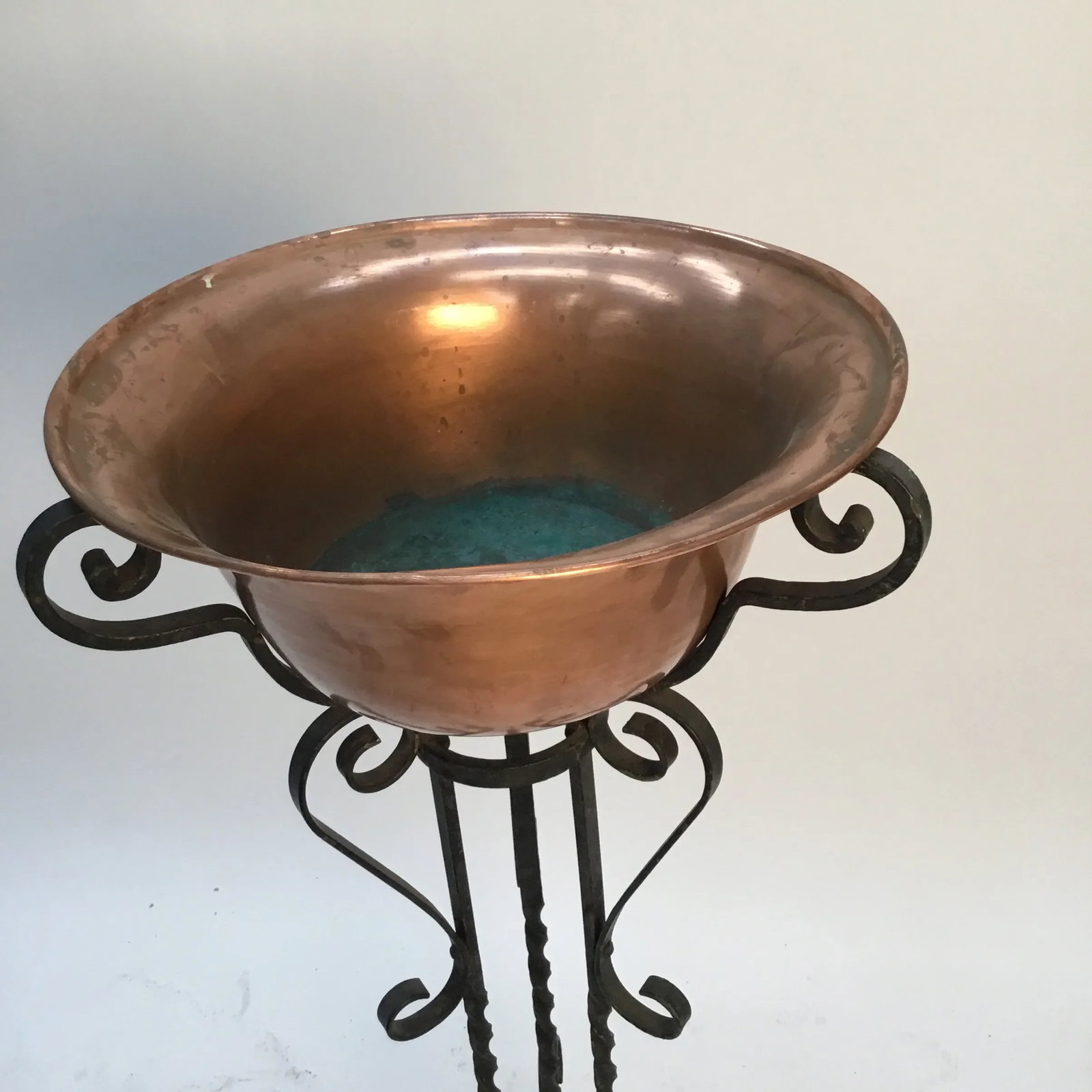 1940s Vintage Wrought Iron Plant Stand & Copper Bowl - 2