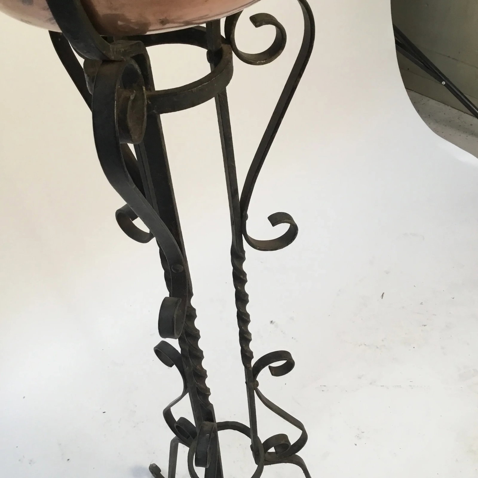 1940s Vintage Wrought Iron Plant Stand & Copper Bowl - 5