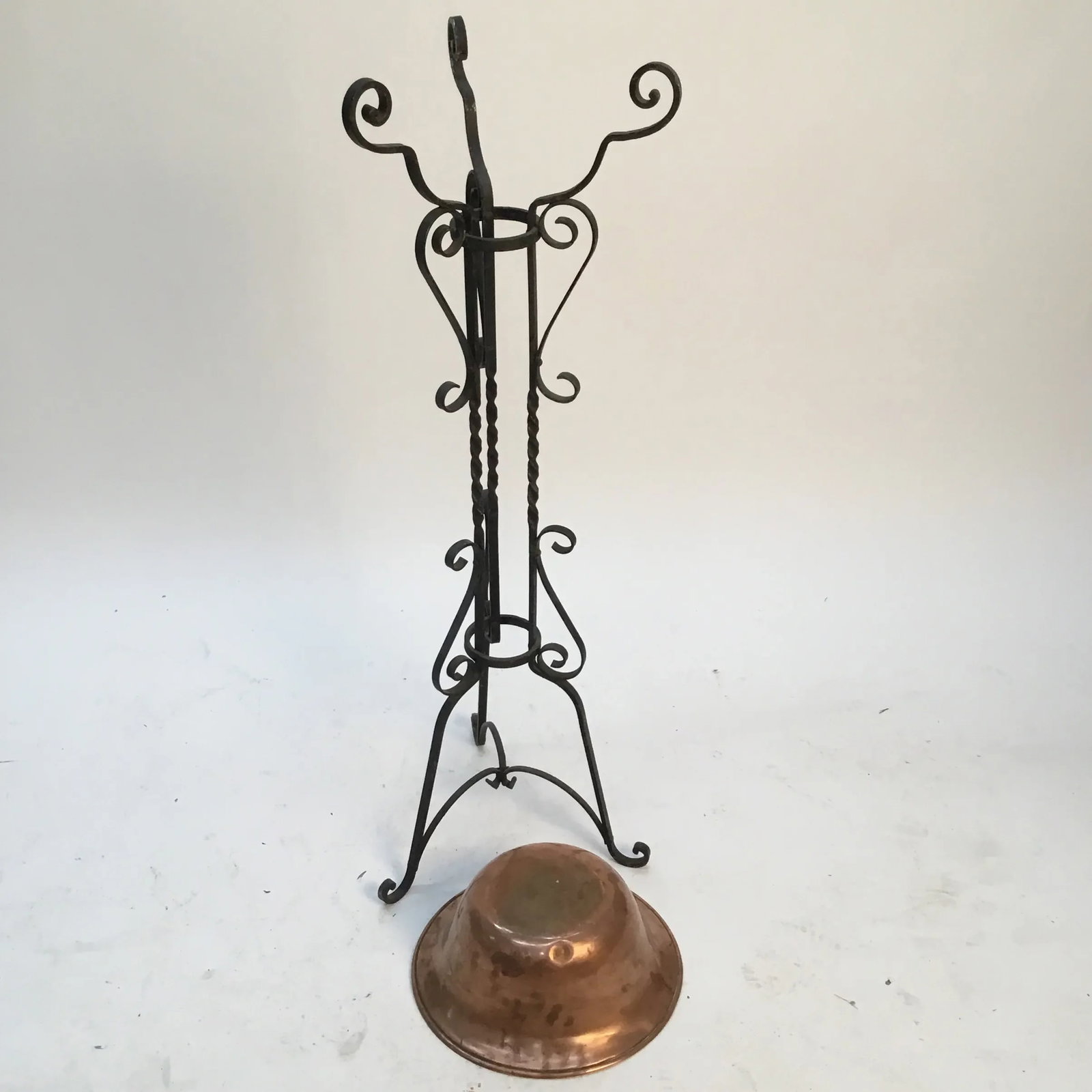 1940s Vintage Wrought Iron Plant Stand & Copper Bowl - 6
