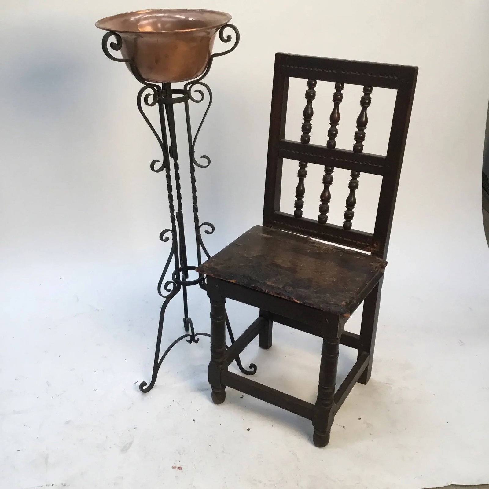 1940s Vintage Wrought Iron Plant Stand & Copper Bowl - 7