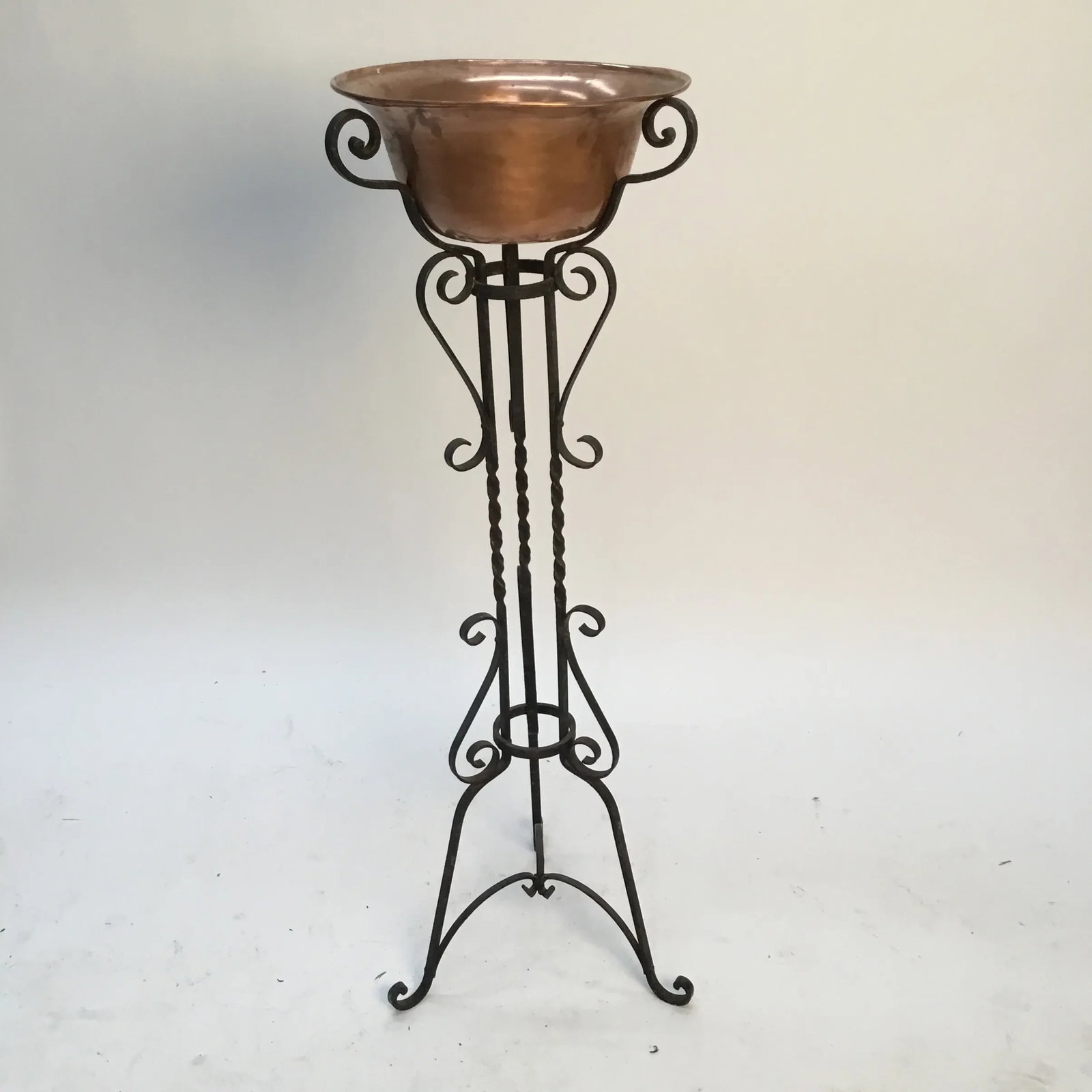 1940s Vintage Wrought Iron Plant Stand & Copper Bowl - 8