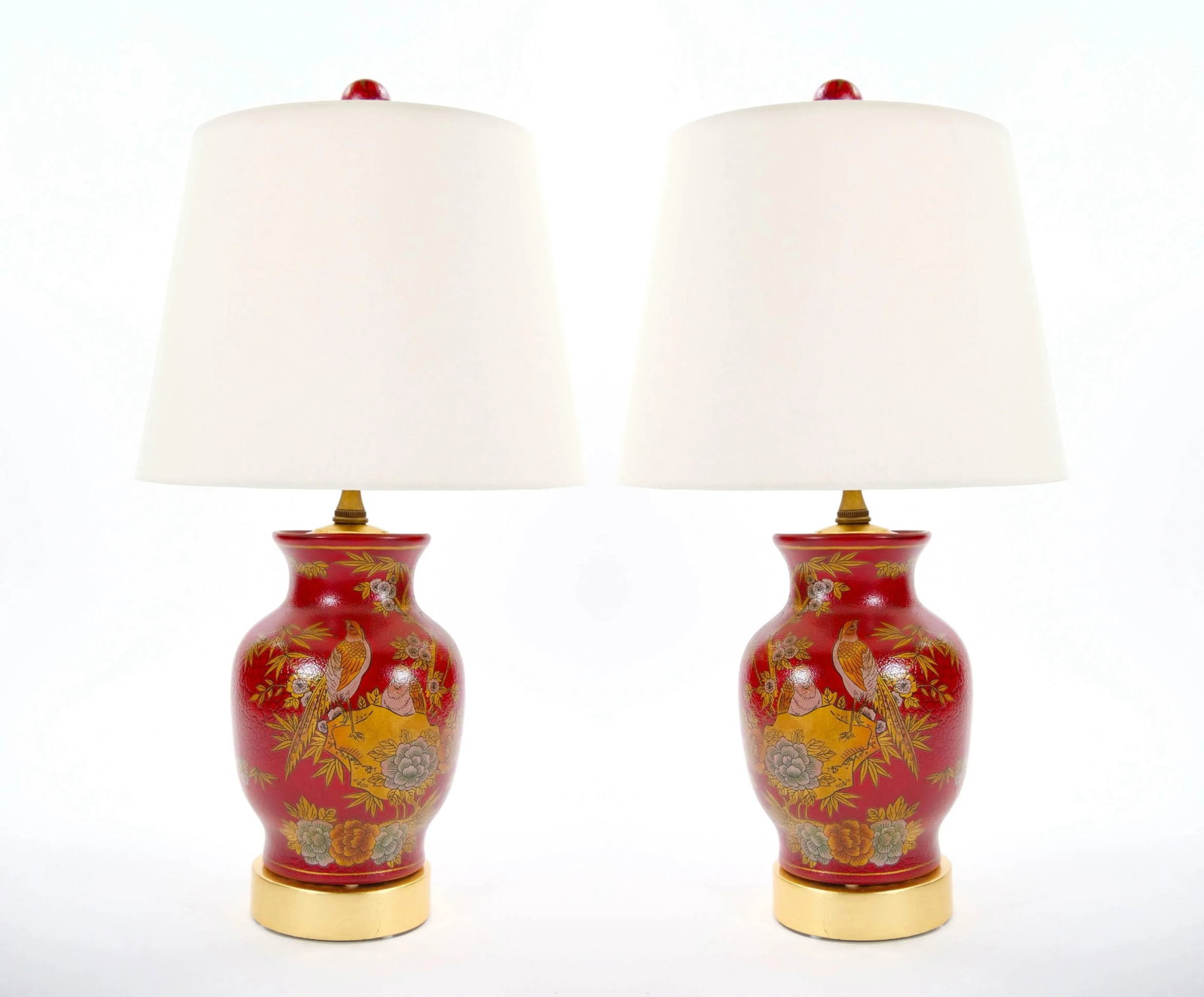 Late 20th Century Red Lacquered Hand Painted Red & Gold Porcelain Table Lamps - 12