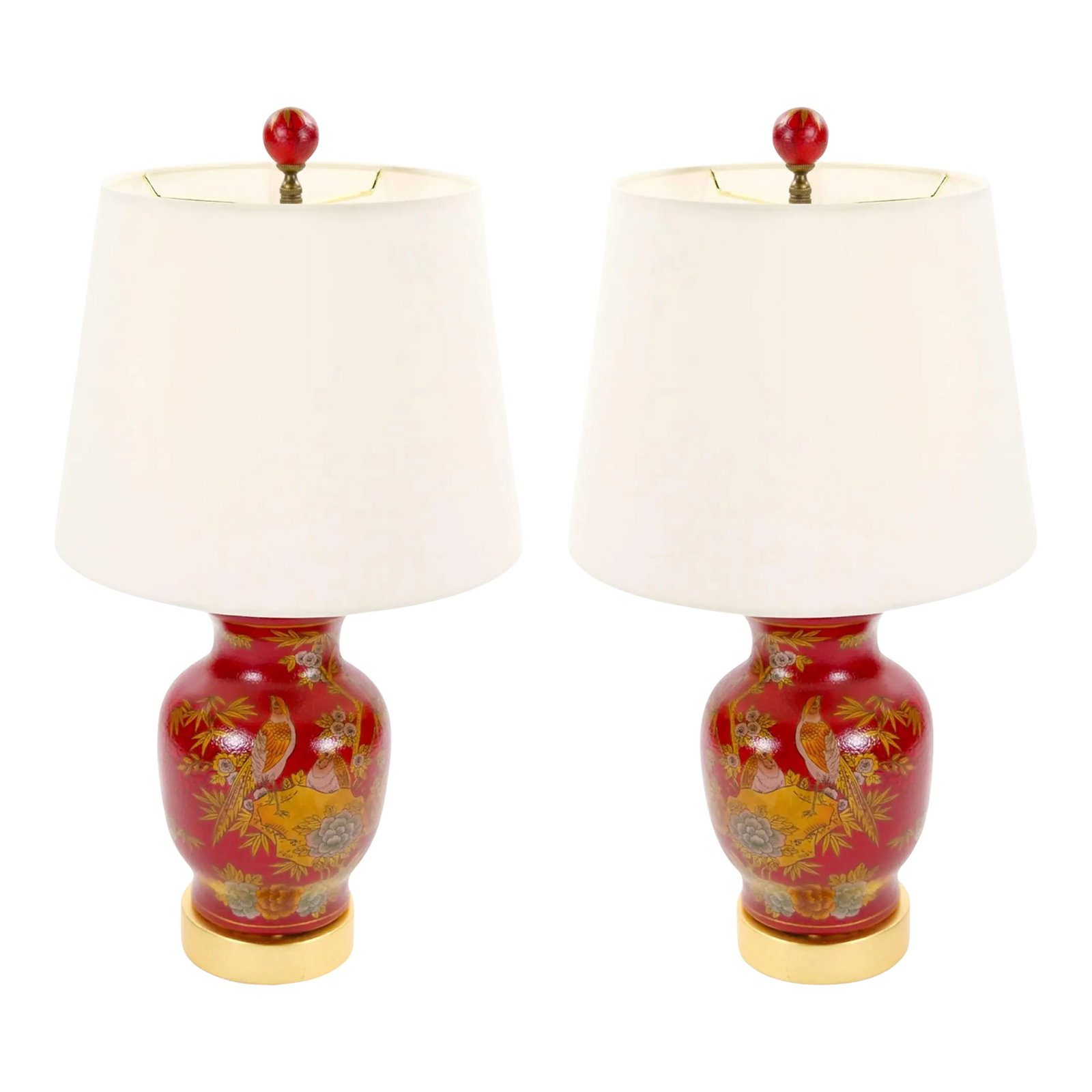 Late 20th Century Red Lacquered Hand Painted Red & Gold Porcelain Table Lamps: This stunning late 20th-century hand-painted porcelain table lamp features a vibrant red lacquered finish adorned with exquisite chinoiserie scenes of birds, flowers, and intricate foliate details,