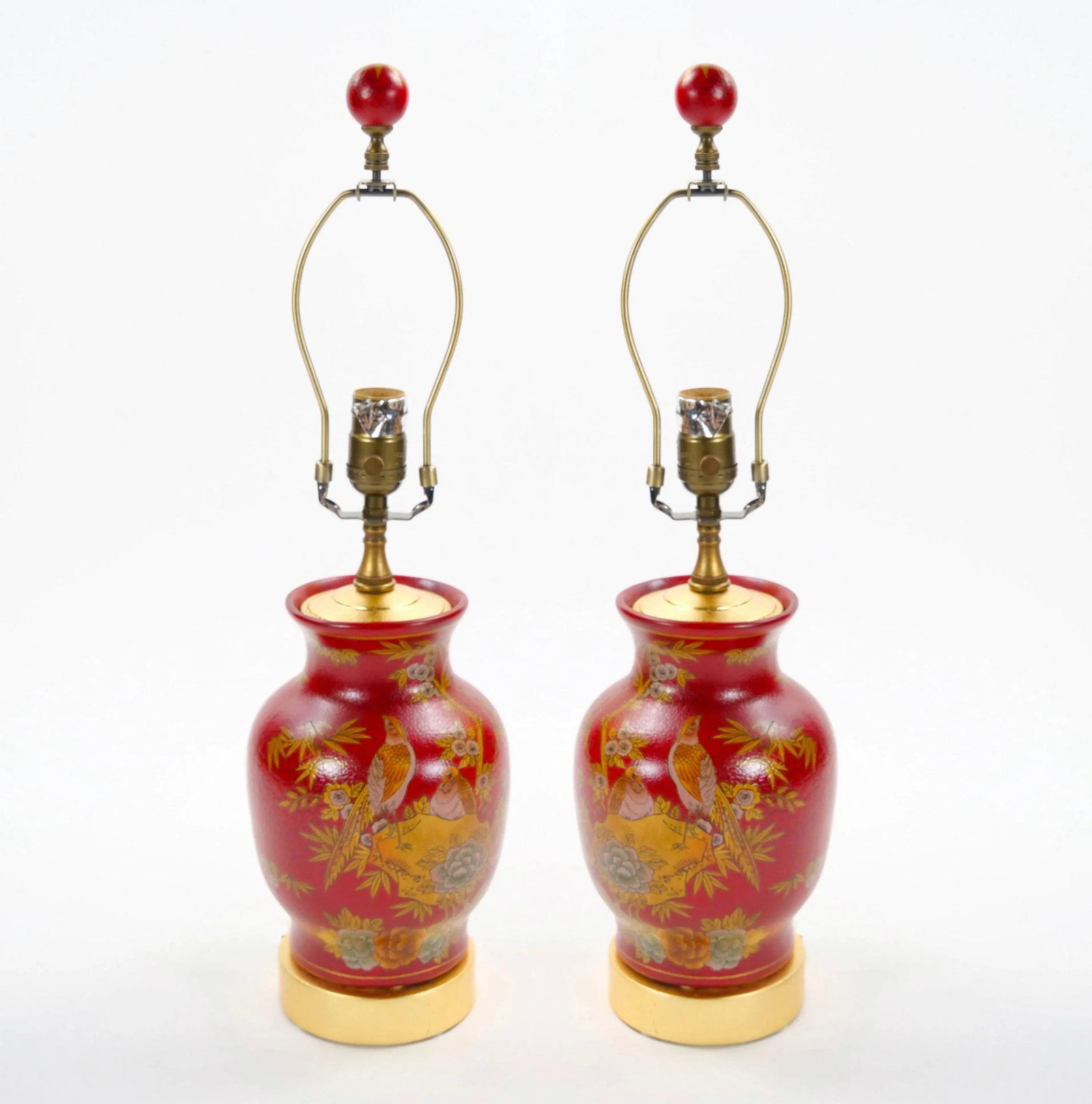 Late 20th Century Red Lacquered Hand Painted Red & Gold Porcelain Table Lamps - 2