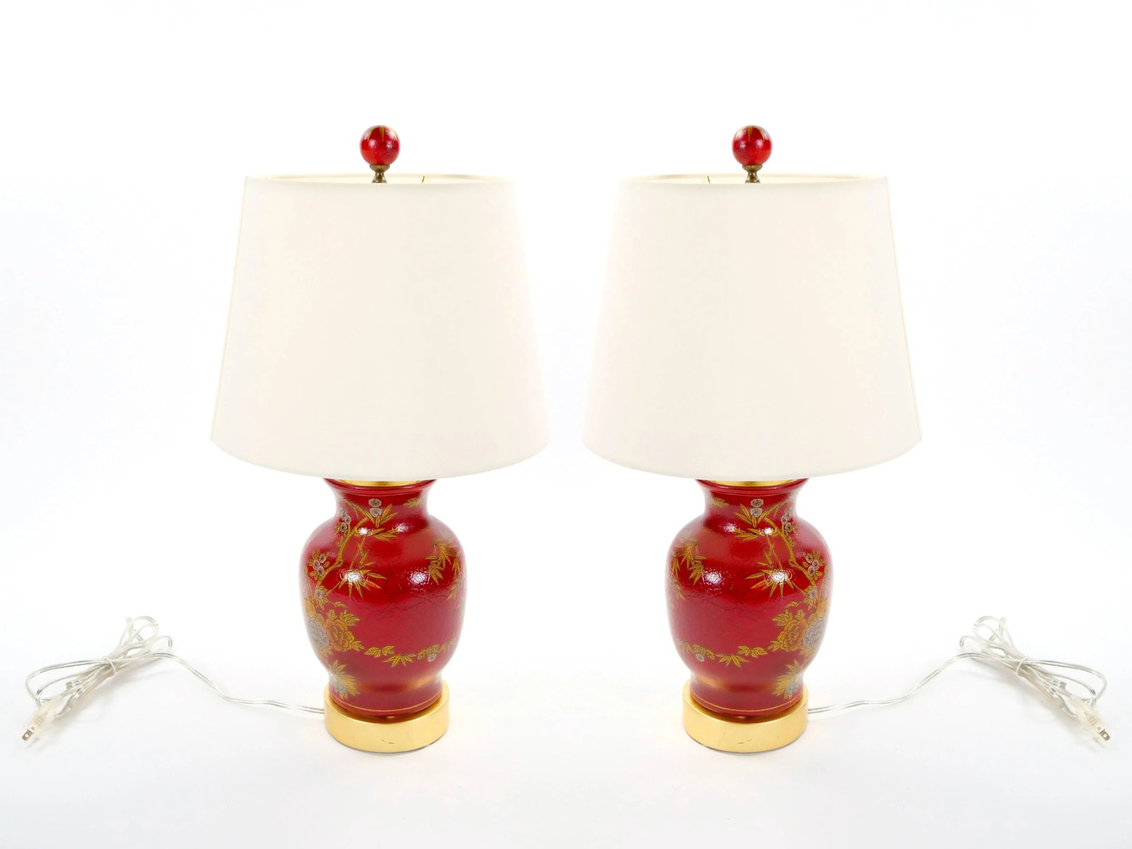 Late 20th Century Red Lacquered Hand Painted Red & Gold Porcelain Table Lamps - 3