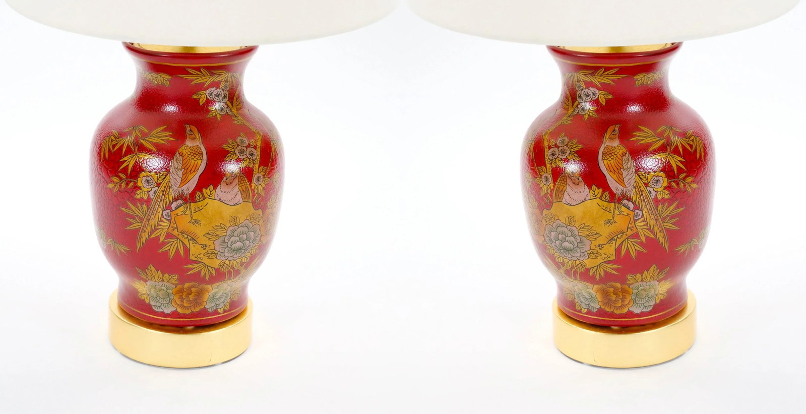 Late 20th Century Red Lacquered Hand Painted Red & Gold Porcelain Table Lamps - 5