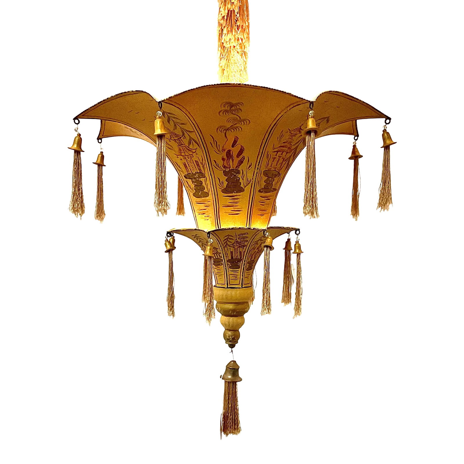 1920's Hand-Painted Chinoiserie Two-Tier Pendant Light: Add timeless elegance to your space with this exquisite 1920s hand-painted chinoiserie pendant light. This rare two-tier fixture features a gracefully flared shade design adorned with intricate