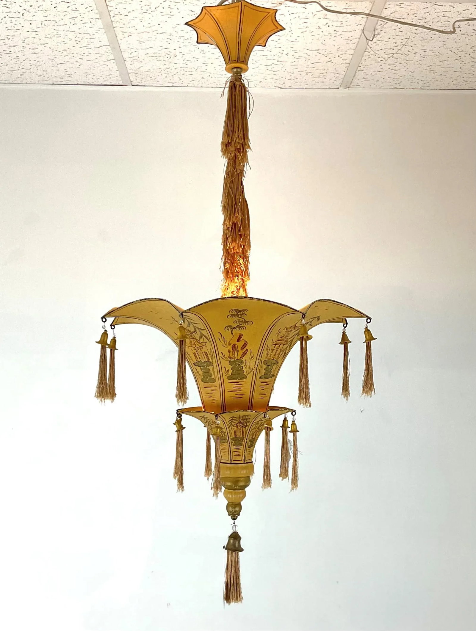 1920's Hand-Painted Chinoiserie Two-Tier Pendant Light - 2