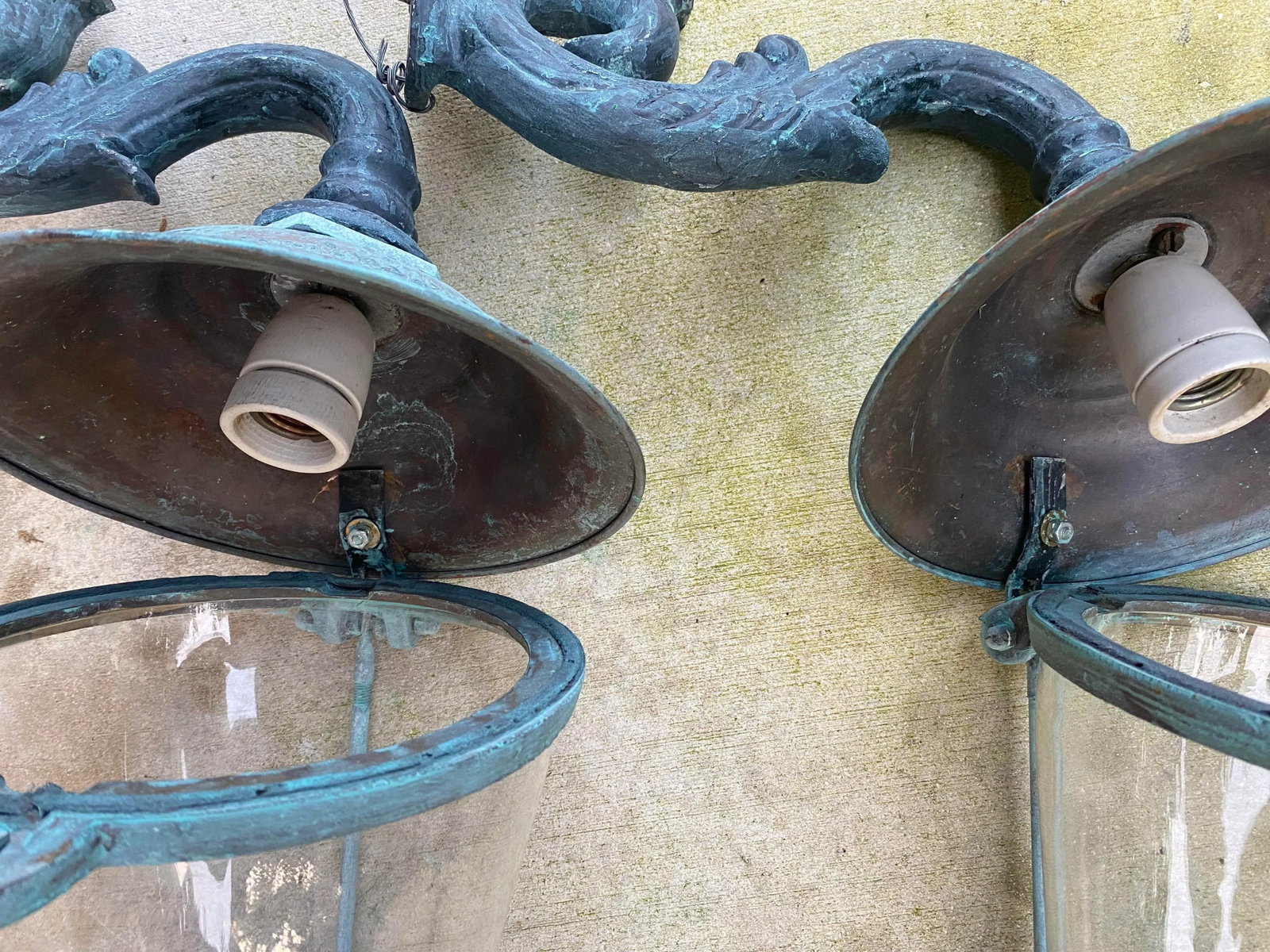 Pair of Antique Brass Wall Lanterns /Sconces - 17" Deep X 10".5 Wide X 25" High - 10