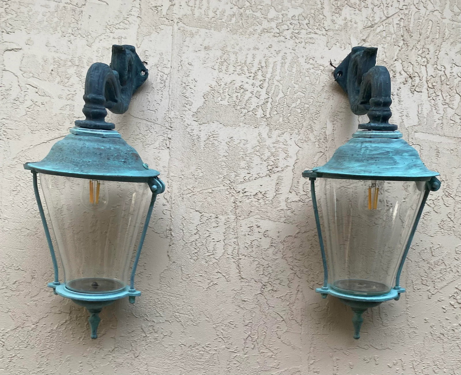 Pair of Antique Brass Wall Lanterns /Sconces - 17" Deep X 10".5 Wide X 25" High - 4