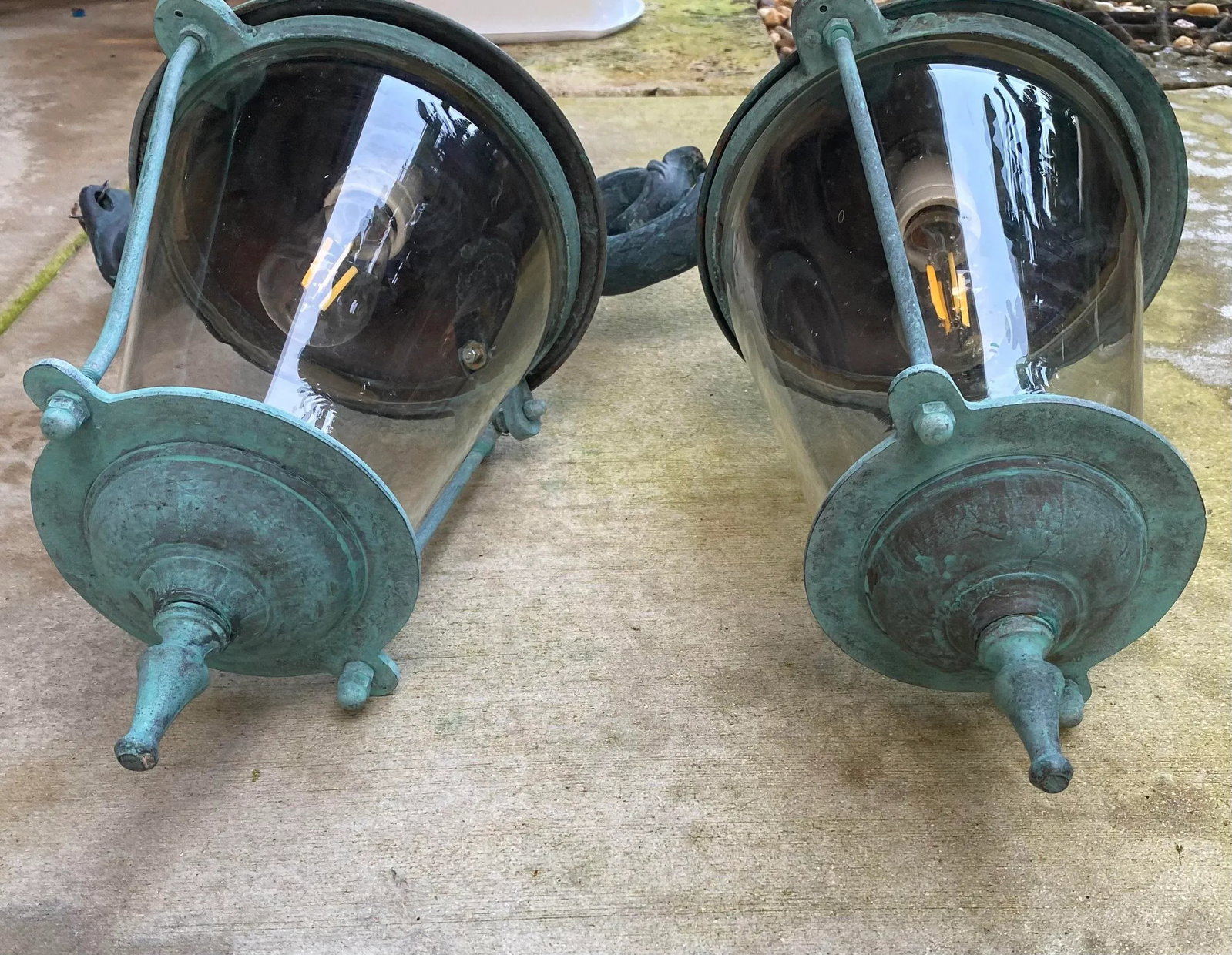 Pair of Antique Brass Wall Lanterns /Sconces - 17" Deep X 10".5 Wide X 25" High - 5