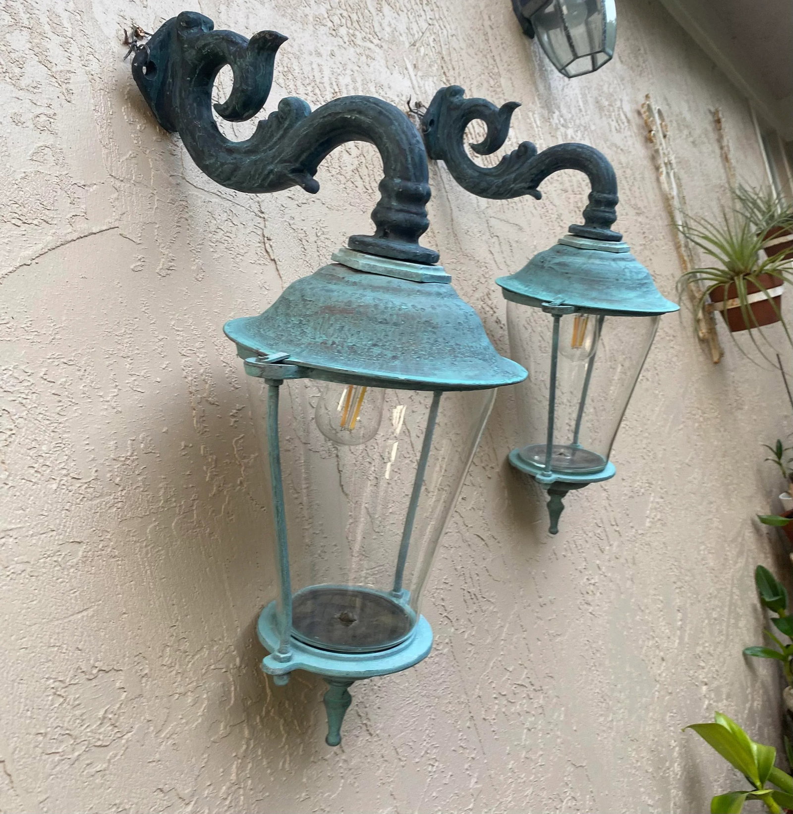 Pair of Antique Brass Wall Lanterns /Sconces - 17" Deep X 10".5 Wide X 25" High - 7