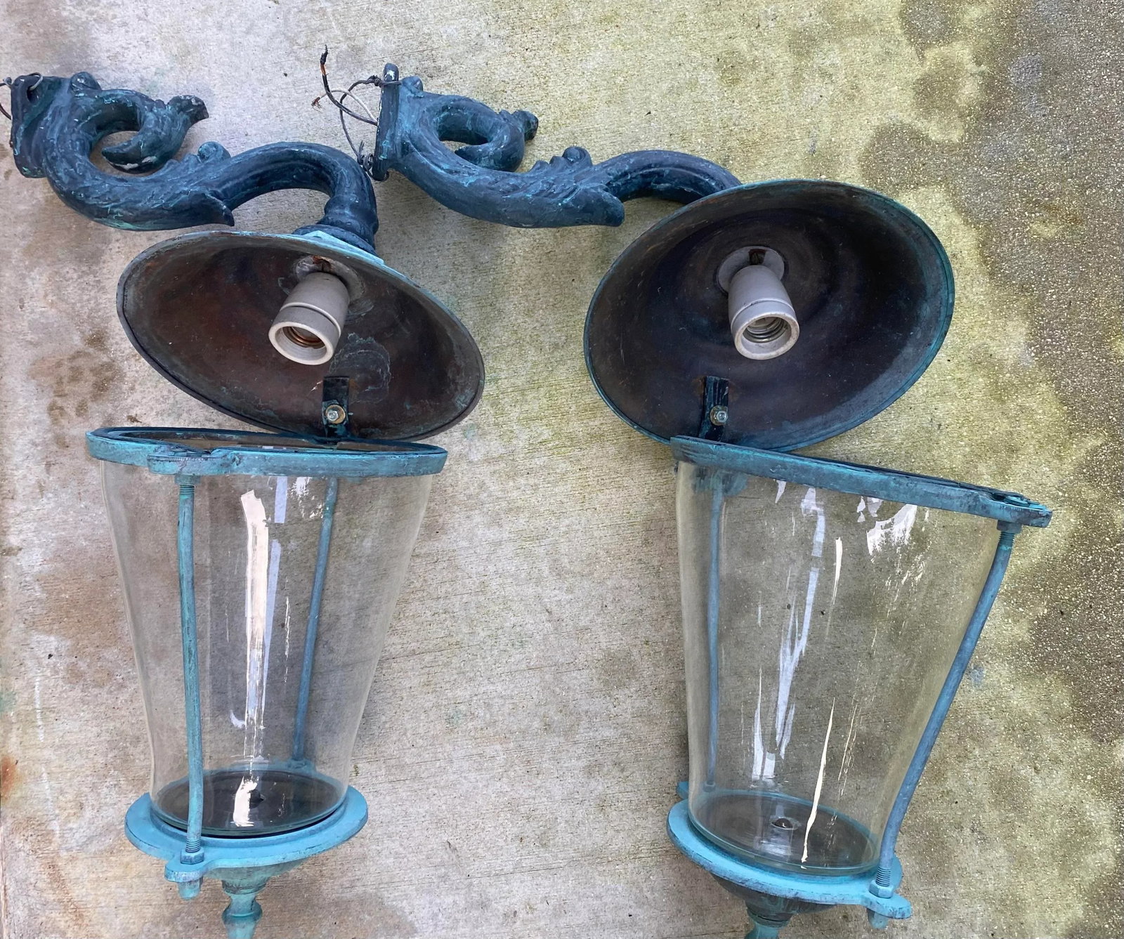 Pair of Antique Brass Wall Lanterns /Sconces - 17" Deep X 10".5 Wide X 25" High - 9