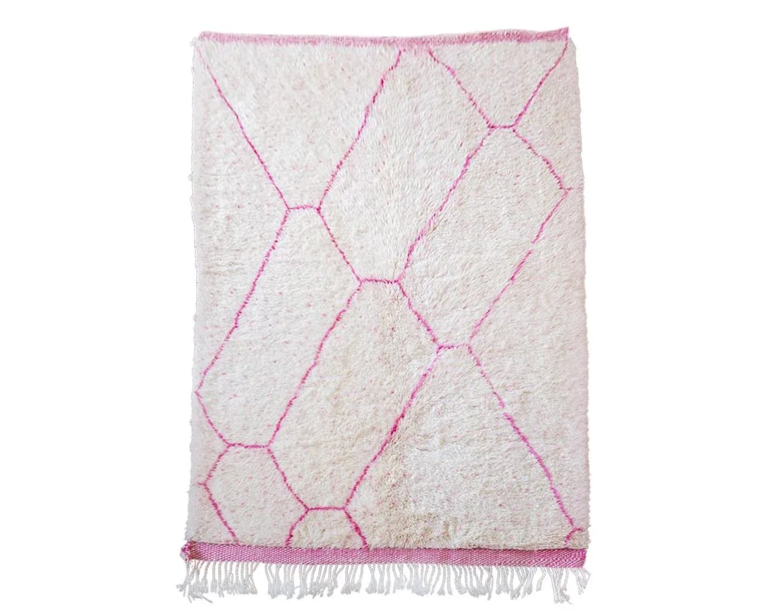 Pink and Ivory Beni Ourain Moroccan Wool Rug - 5'11'' * 8'8'' - 12