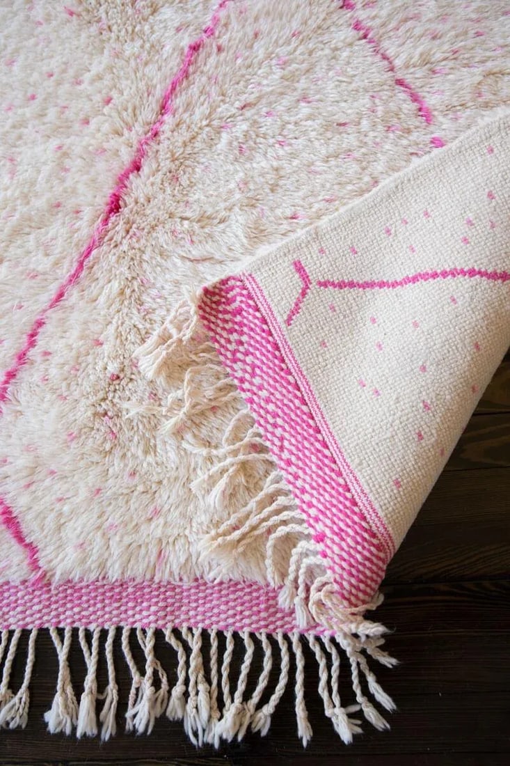Pink and Ivory Beni Ourain Moroccan Wool Rug - 5'11'' * 8'8'' - 5