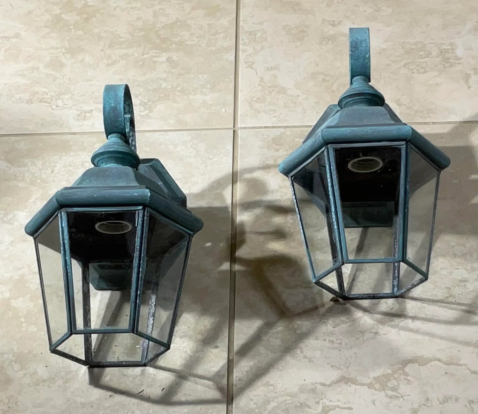 Small /Petit Funky Pair of Vintage Solid Brass Lanterns - 11" High X 6"w X 5"d - 10