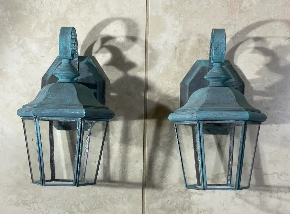 Small /Petit Funky Pair of Vintage Solid Brass Lanterns - 11" High X 6"w X 5"d - 2