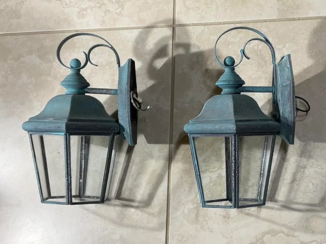 Small /Petit Funky Pair of Vintage Solid Brass Lanterns - 11" High X 6"w X 5"d - 9
