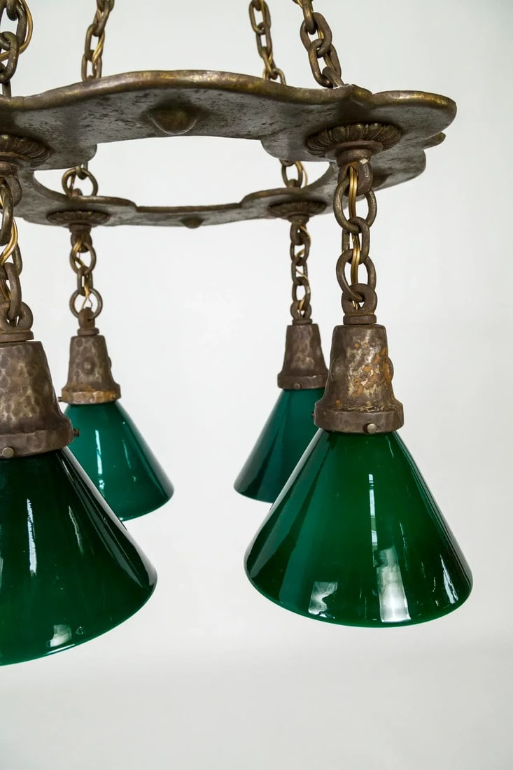 Arts & Crafts Hammered Darkened Metal Chandelier With Green Glass Shades - 10