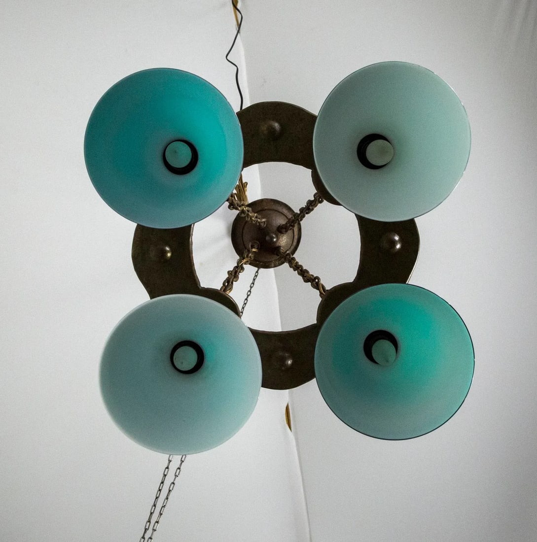 Arts & Crafts Hammered Darkened Metal Chandelier With Green Glass Shades - 11