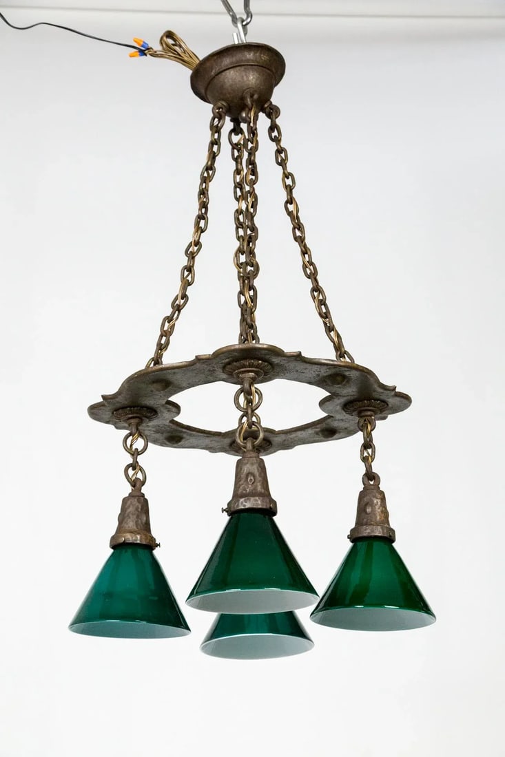 Arts & Crafts Hammered Darkened Metal Chandelier With Green Glass Shades - 12