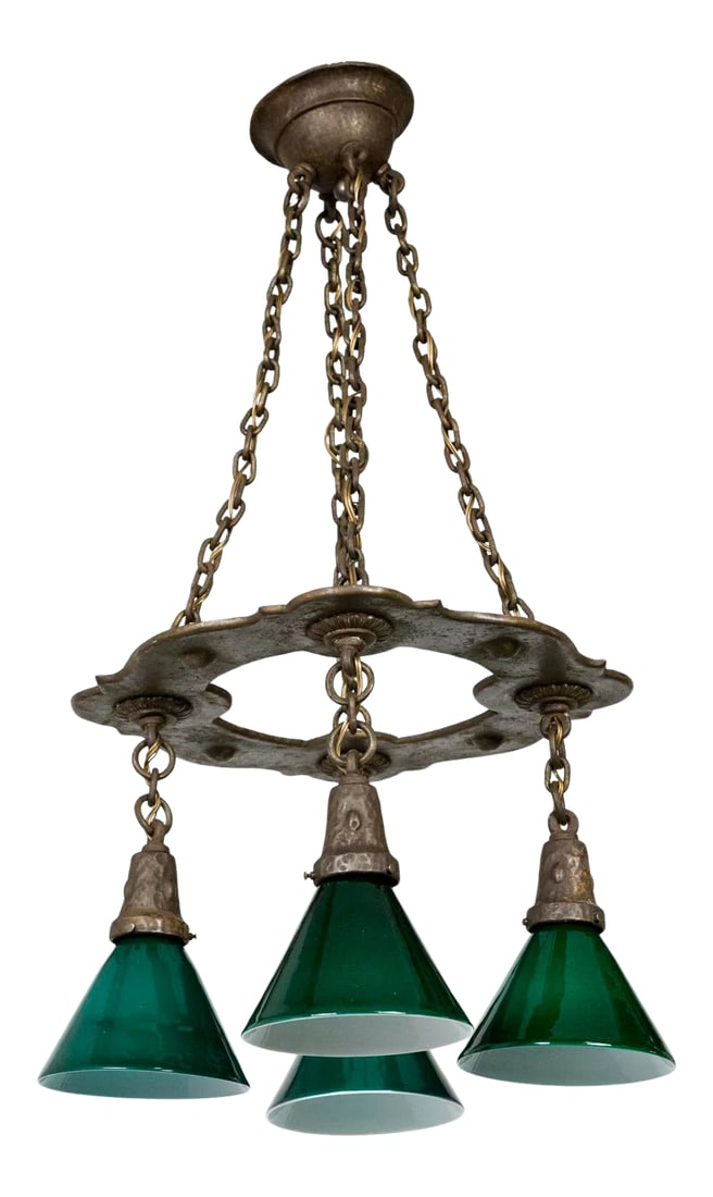 Arts & Crafts Hammered Darkened Metal Chandelier With Green Glass Shades: A classic, English Art & Crafts, hand forged and hammered, 4-light chandelier. With Tudor Revival undertones and perfectly proportioned vintage, green replacement glass. English, 1915. Newly wired, 4 