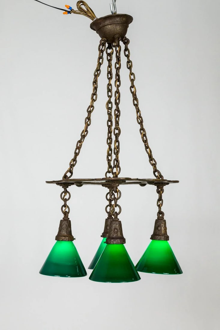 Arts & Crafts Hammered Darkened Metal Chandelier With Green Glass Shades - 2