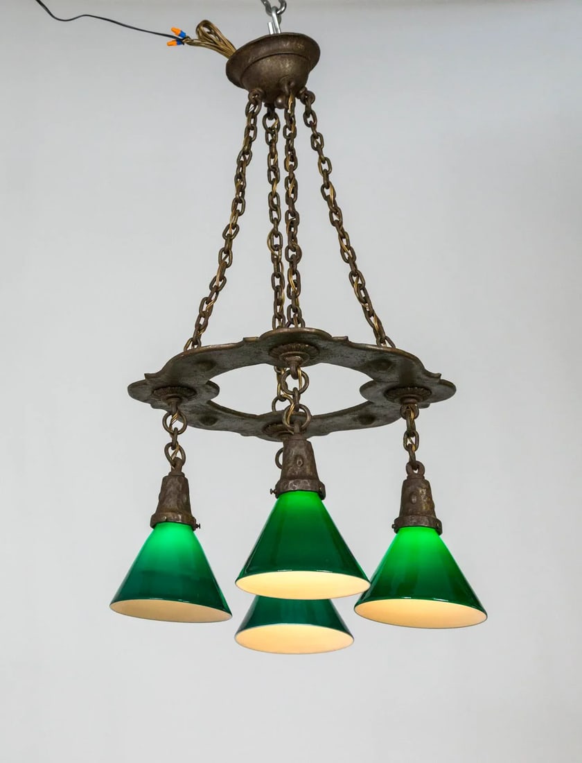 Arts & Crafts Hammered Darkened Metal Chandelier With Green Glass Shades - 3