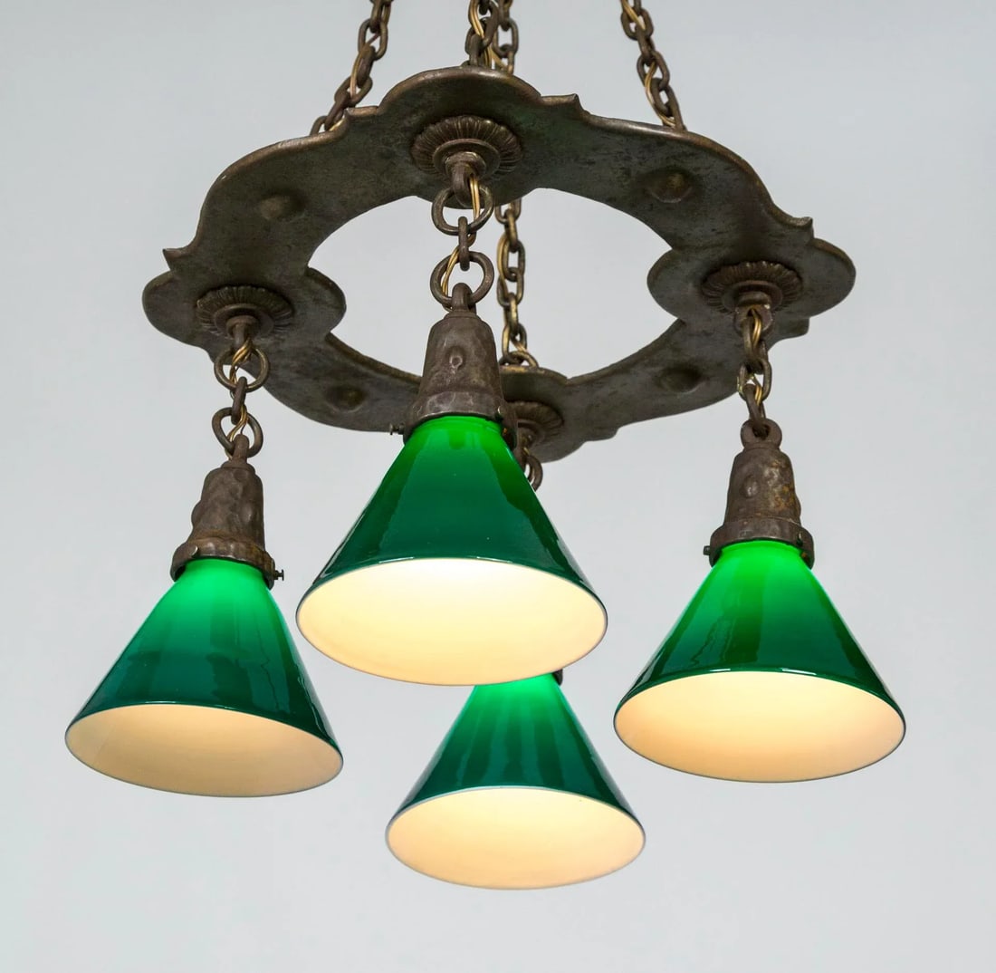 Arts & Crafts Hammered Darkened Metal Chandelier With Green Glass Shades - 4