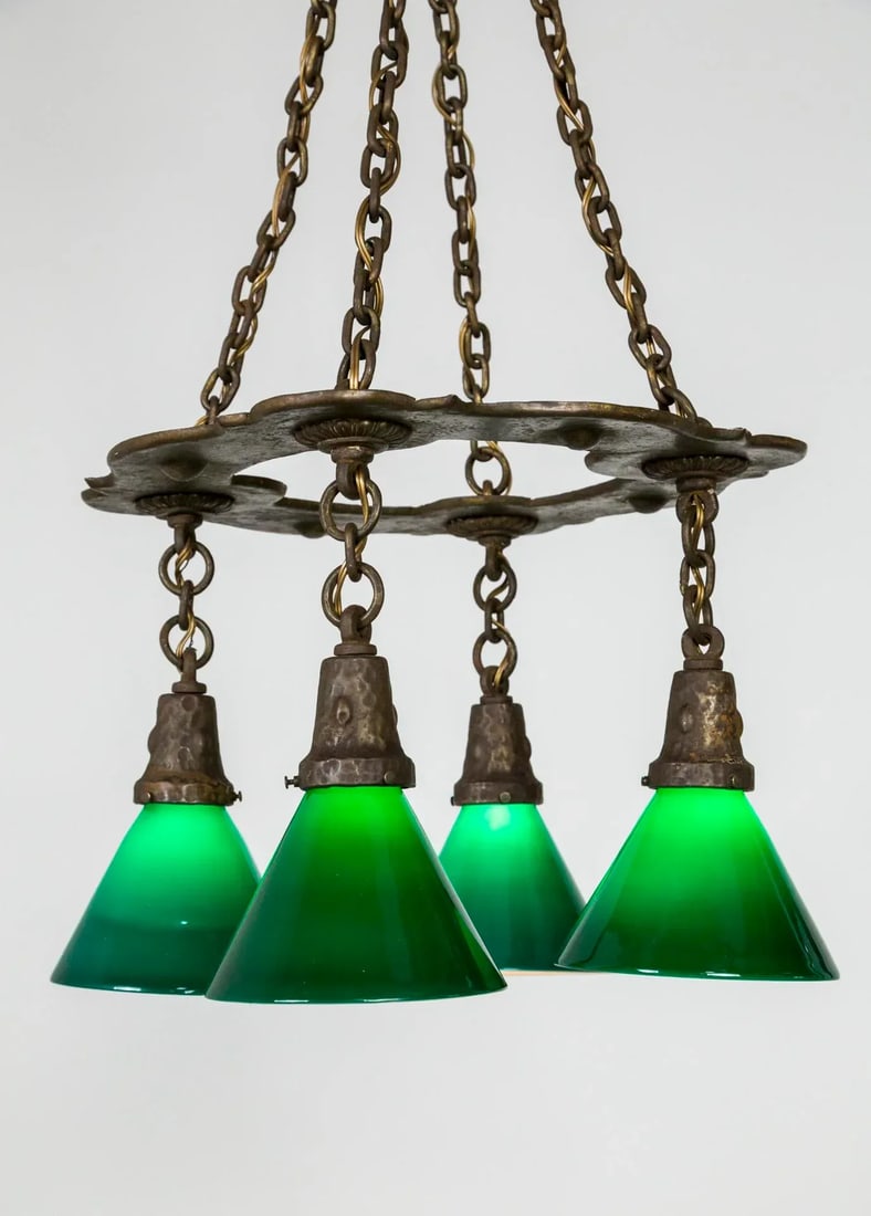 Arts & Crafts Hammered Darkened Metal Chandelier With Green Glass Shades - 5