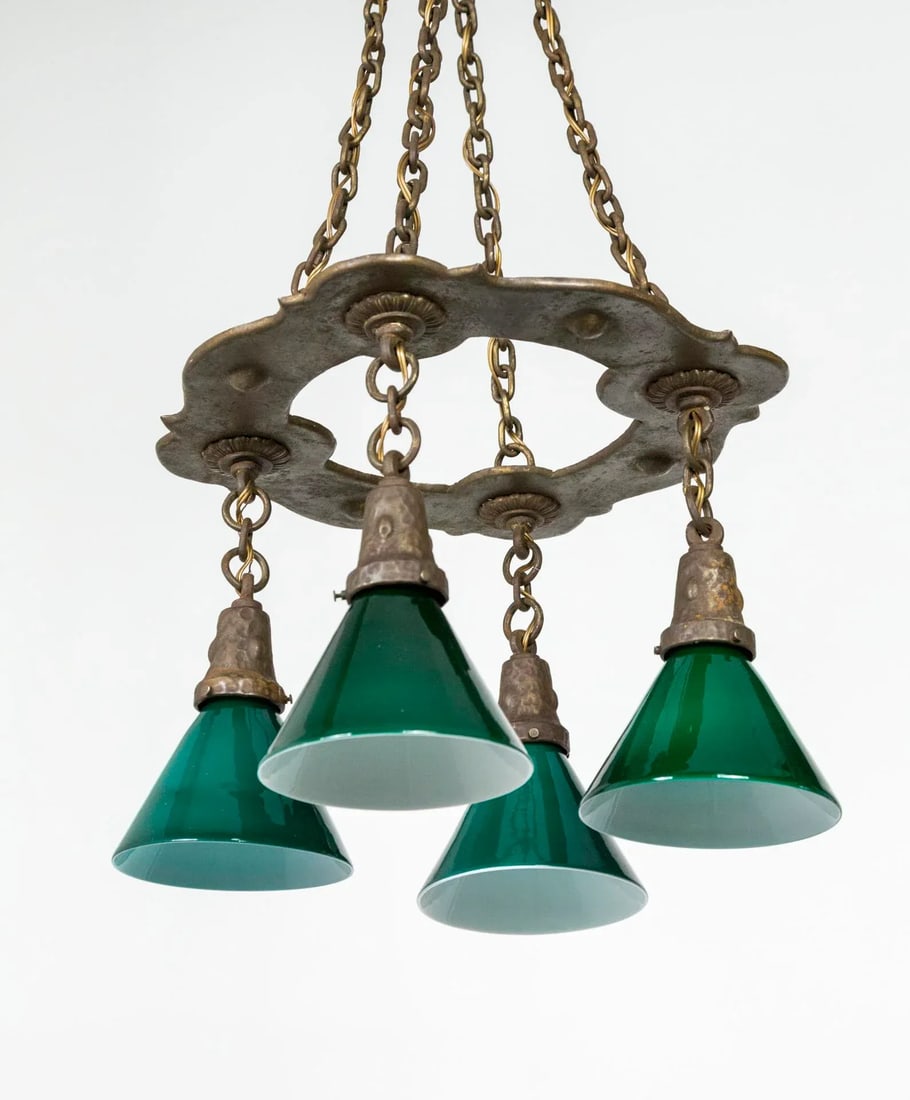 Arts & Crafts Hammered Darkened Metal Chandelier With Green Glass Shades - 6