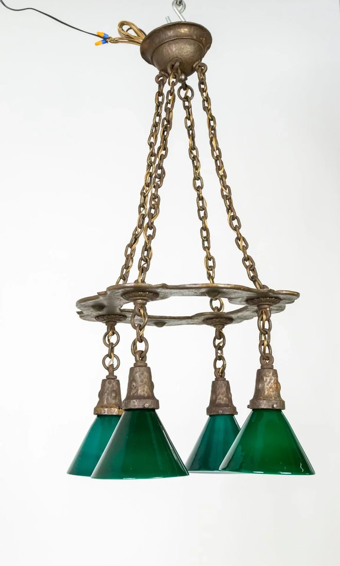 Arts & Crafts Hammered Darkened Metal Chandelier With Green Glass Shades - 7
